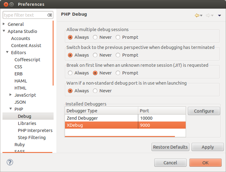 Aptana PHP debug preferences window